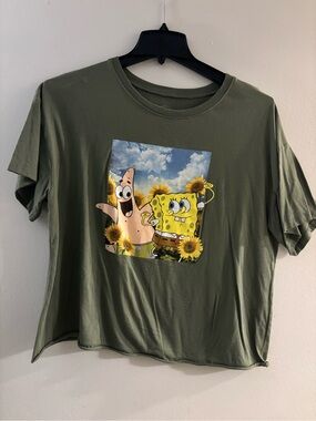 SpongeBob Squarepants Olive Green Crop Top with Yellow Sunflower Graphic